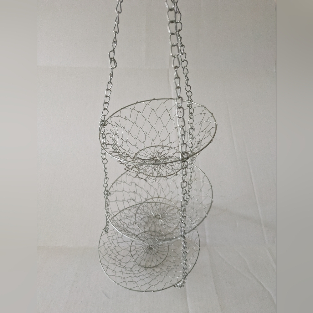 3 Tier Silver Metal Wire Hanging Baskets for Fruits, Vegetables